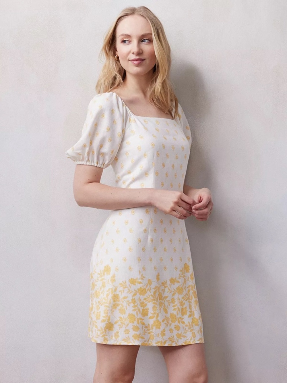 LC Lauren Conrad Yellow Floral Short Puff Sleeve Squareneck Mini Dress Size XL